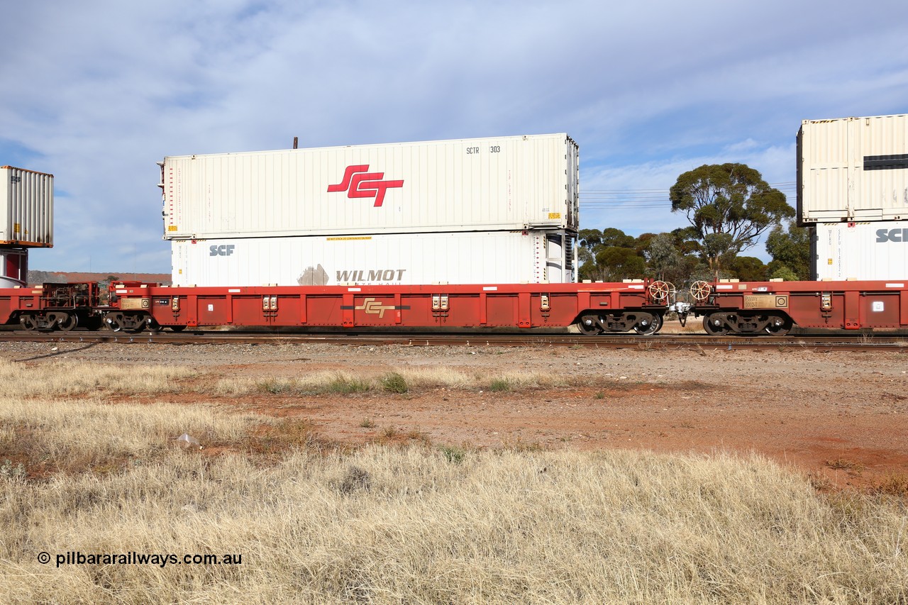160523 2903
Parkeston, SCT train 7GP1 which operates from Parkes NSW (Goobang Junction) to Perth, PWWY type PWWY 0015 one of forty well waggons built by Bradken NSW for SCT, loaded with a 46' MFRG SCF reefer SCFU 814060 with former owner Wilmot Freeze Haul still visible and a 48' SCT reefer SCTR 303.
Keywords: PWWY-type;PWWY0015;Bradken-NSW;