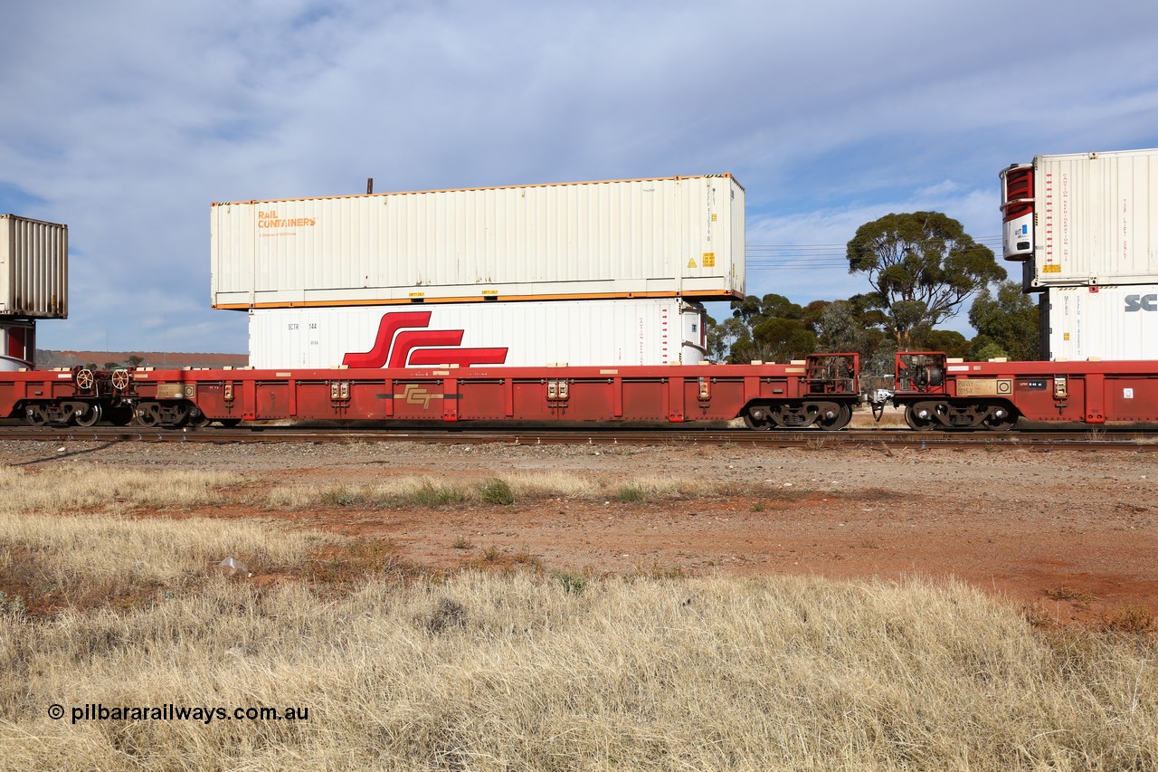 160523 2904
Parkeston, SCT train 7GP1 which operates from Parkes NSW (Goobang Junction) to Perth, PWWY type PWWY 0016 one of forty well waggons built by Bradken NSW for SCT, loaded with a 40' RFRA type SCT reefer SCTR 144 and a 48' MFG1 type Rail Containers box SCFU 412579.
Keywords: PWWY-type;PWWY0016;Bradken-NSW;
