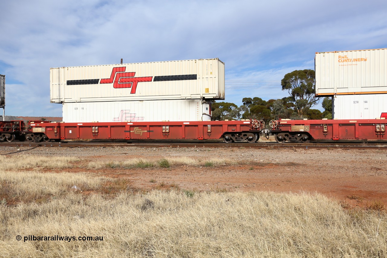 160523 2905
Parkeston, SCT train 7GP1 which operates from Parkes NSW (Goobang Junction) to Perth, PWWY type PWWY 0024 one of forty well waggons built by Bradken NSW for SCT, loaded with a 40' RFRA type SCT reefer SCTR 110 and a 48' MFG1 type SCT box SCTDS 4823.
Keywords: PWWY-type;PWWY0024;Bradken-NSW;