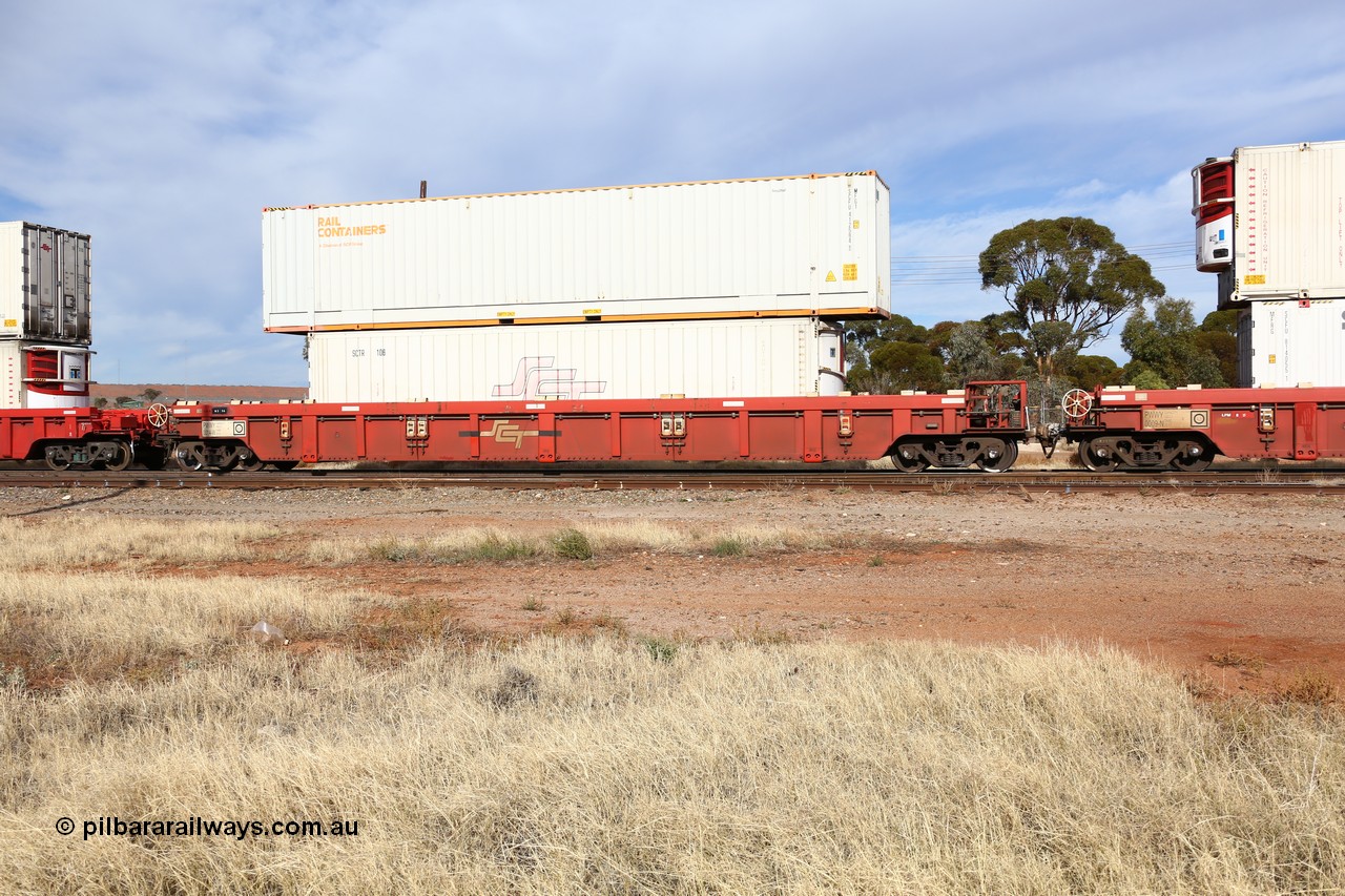 160523 2907
Parkeston, SCT train 7GP1 which operates from Parkes NSW (Goobang Junction) to Perth, PWWY type PWWY 0014 one of forty well waggons built by Bradken NSW for SCT, loaded with a 40' RFRA type SCT reefer SCTR 106 and a 48' MFG1 type Rail Containers box SCFU 412584.
Keywords: PWWY-type;PWWY0014;Bradken-NSW;