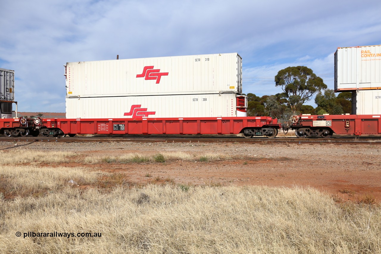 160523 2908
Parkeston, SCT train 7GP1 which operates from Parkes NSW (Goobang Junction) to Perth, PWXY type PWXY 0006 one of twelve well waggons built by CSR Meishan Rolling Stock Co of China for SCT in 2008, loaded with two 48' SCT reefer containers SCTR 304 and SCTR 310.
Keywords: PWXY-type;PWXY0006;CSR-Meishan-China;