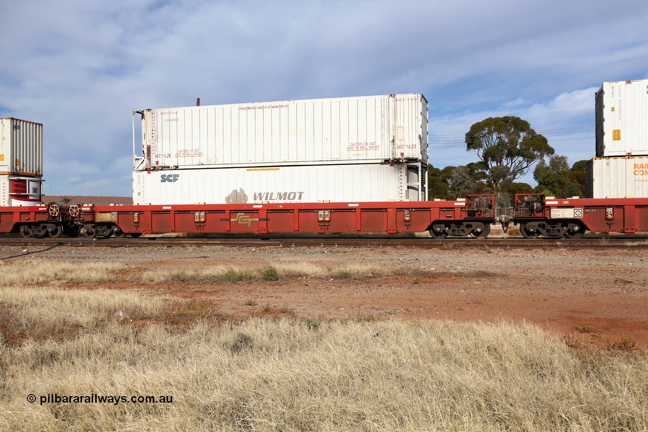160523 2911
Parkeston, SCT train 7GP1 which operates from Parkes NSW (Goobang Junction) to Perth, PWWY type PWWY 0005 one of forty well waggons built by Bradken NSW for SCT, loaded with two 46' 6