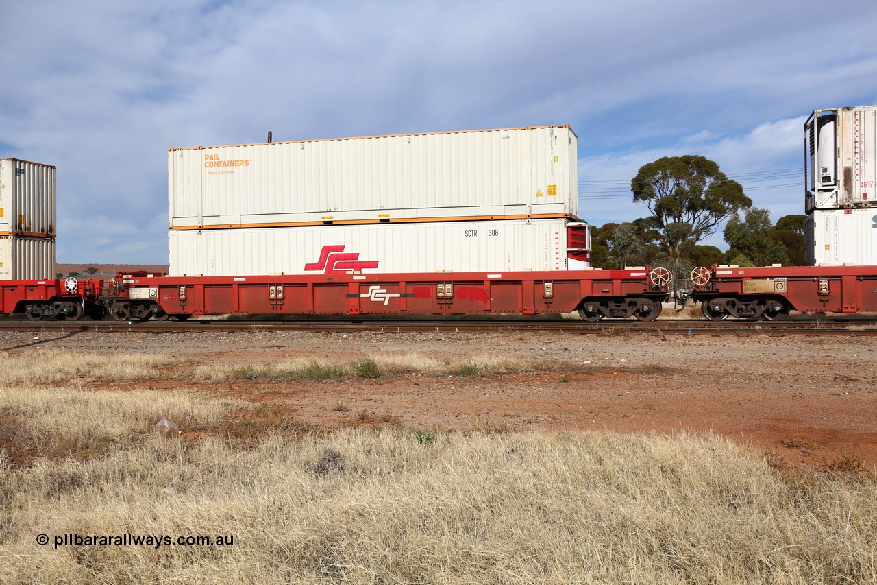 160523 2912
Parkeston, SCT train 7GP1 which operates from Parkes NSW (Goobang Junction) to Perth, PWWY type PWWY 0007 one of forty well waggons built by Bradken NSW for SCT, loaded with a 48' SCT reefer SCTR 308 and a 48' MFG1 type Rail Containers box SCFU 412550.
Keywords: PWWY-type;PWWY0007;Bradken-NSW;
