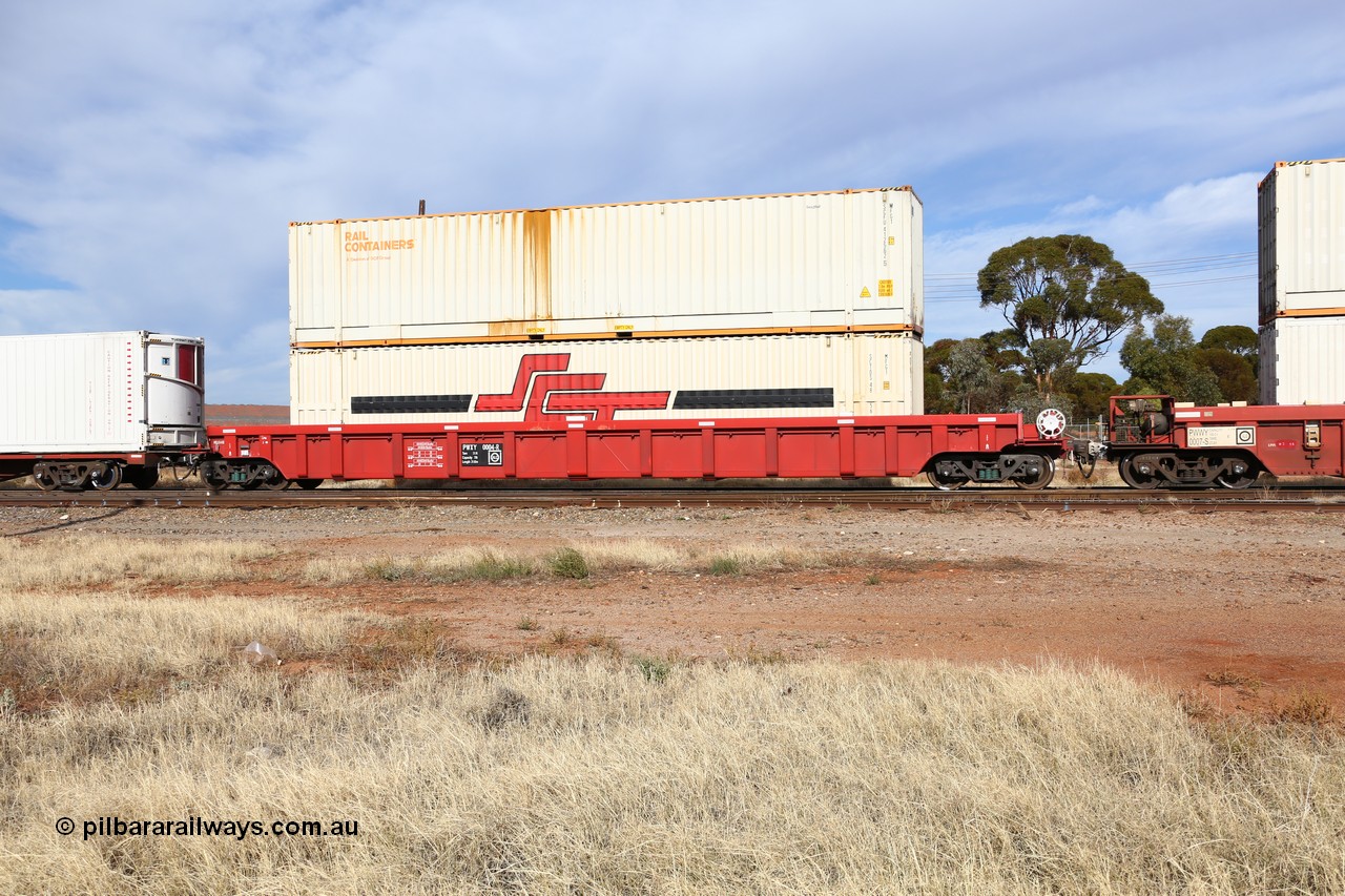 160523 2913
Parkeston, SCT train 7GP1 which operates from Parkes NSW (Goobang Junction) to Perth, PWXY type PWXY 0004 one of twelve well waggons built by CSR Meishan Rolling Stock Co of China for SCT in 2008, loaded with two 48' MFG1 type containers, SCTDS 4856 and Rail Containers SCFU 412562.
Keywords: PWXY-type;PWXY0004;CSR-Meishan-China;