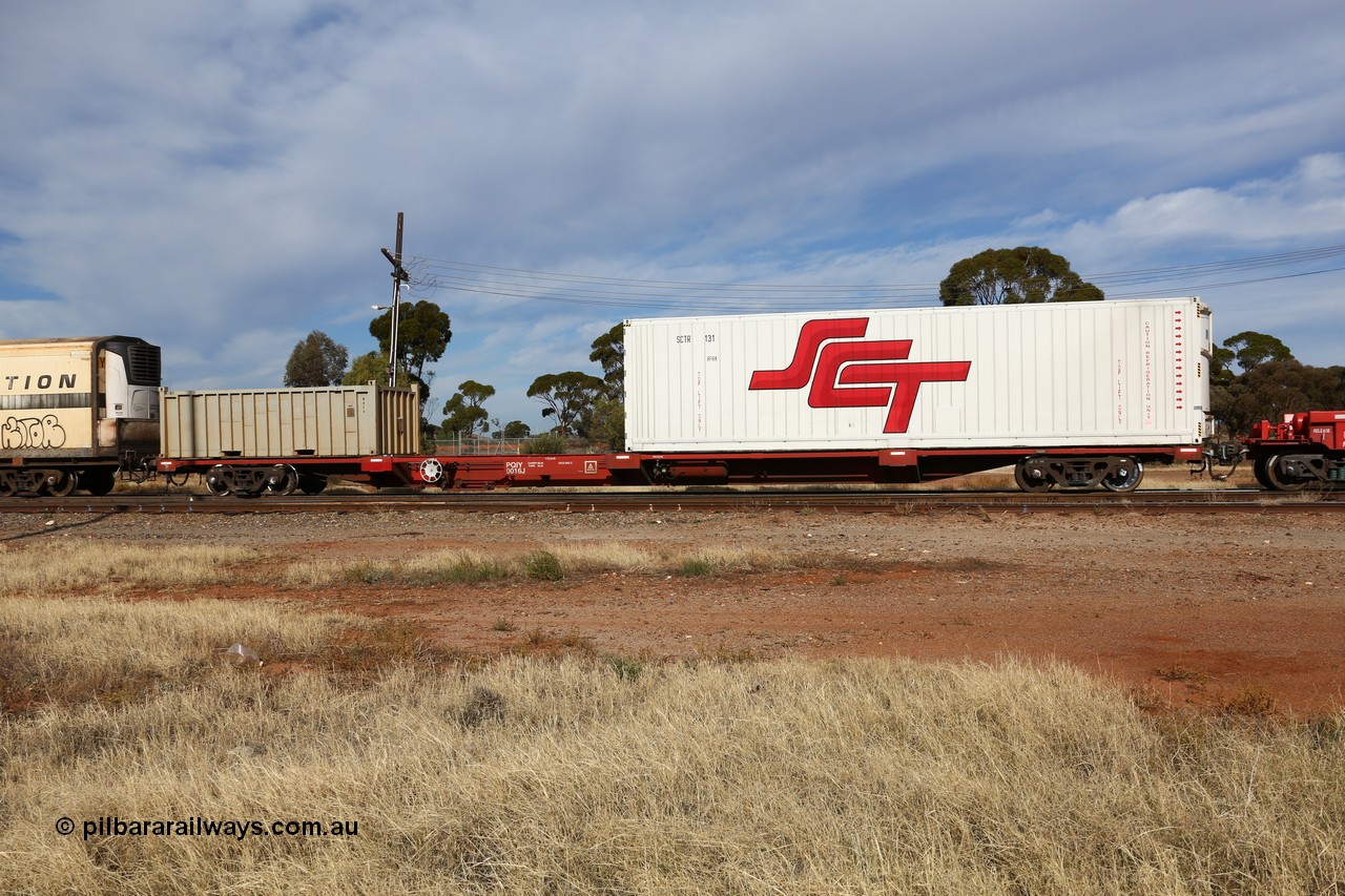 160523 2914
Parkeston, SCT train 7GP1 which operates from Parkes NSW (Goobang Junction) to Perth, PQIY type PQIY 0016 one of forty 80' container waggons built by Gemco WA, loaded with a 40' RFRA type reefer SCTR 131 and an open top half height container WH 24.
Keywords: PQIY-type;PQIY0016;Gemco-WA;