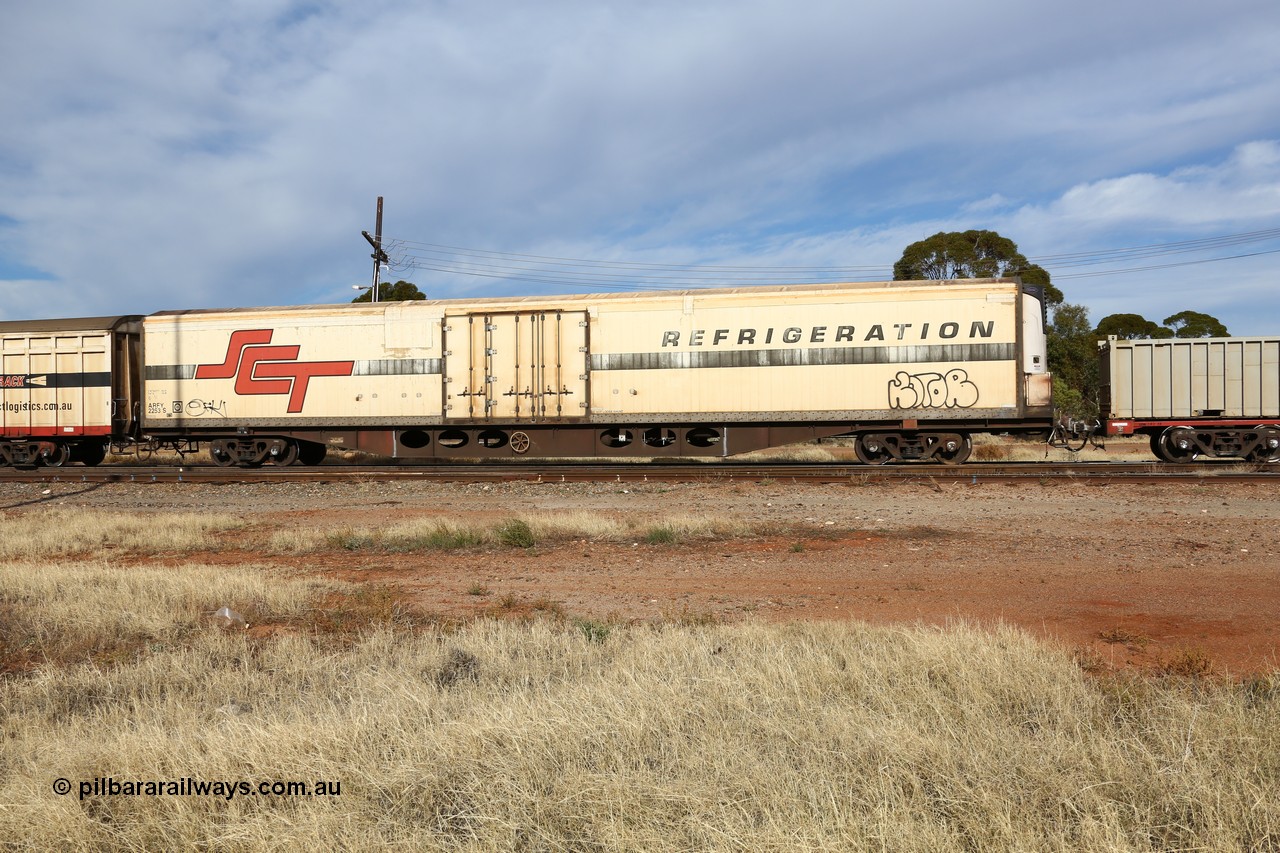 160523 2915
Parkeston, SCT train 7GP1 which operates from Parkes NSW (Goobang Junction) to Perth, ARFY type ARFY 2253 refrigerated van with a Ballarat built Maxi-CUBE fibreglass body that has been fitted to an Comeng Victoria built ROX type flat waggon from 1970 that was in service with Commonwealth Railways and recoded to AQOY.
Keywords: ARFY-type;ARFY2253;Maxi-Cube;Comeng-Vic;ROX-type;AQOX-type;