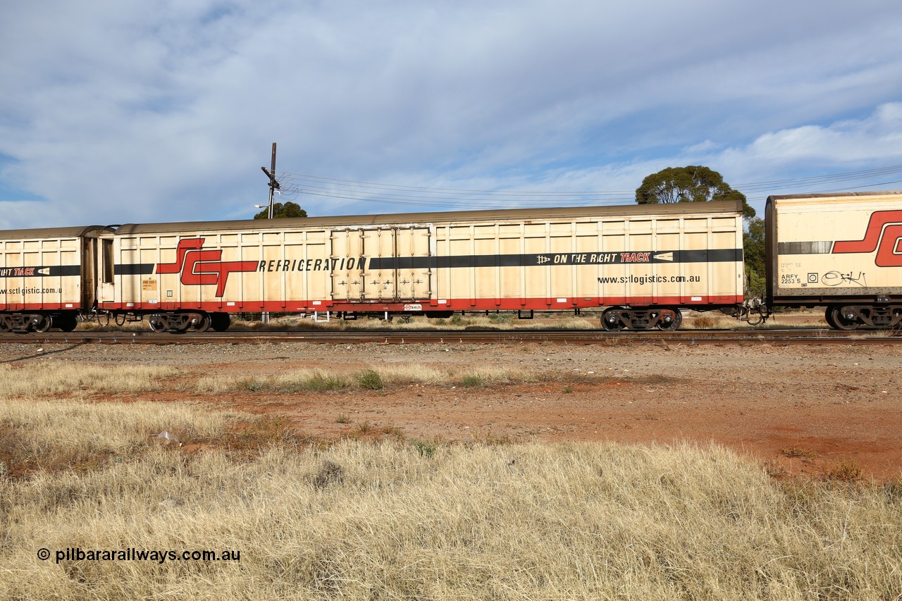 160523 2916
Parkeston, SCT train 7GP1 which operates from Parkes NSW (Goobang Junction) to Perth, ARBY type ARBY 3100 refrigerated box van converted by Gemco WA from former ANR Comeng WA 1977 built VFX type covered van which were recoded to ABFX/Y in later years.
Keywords: ARBY-type;ARBY3100;Comeng-WA;VFX-type;ABFY-type;Gemco-WA;