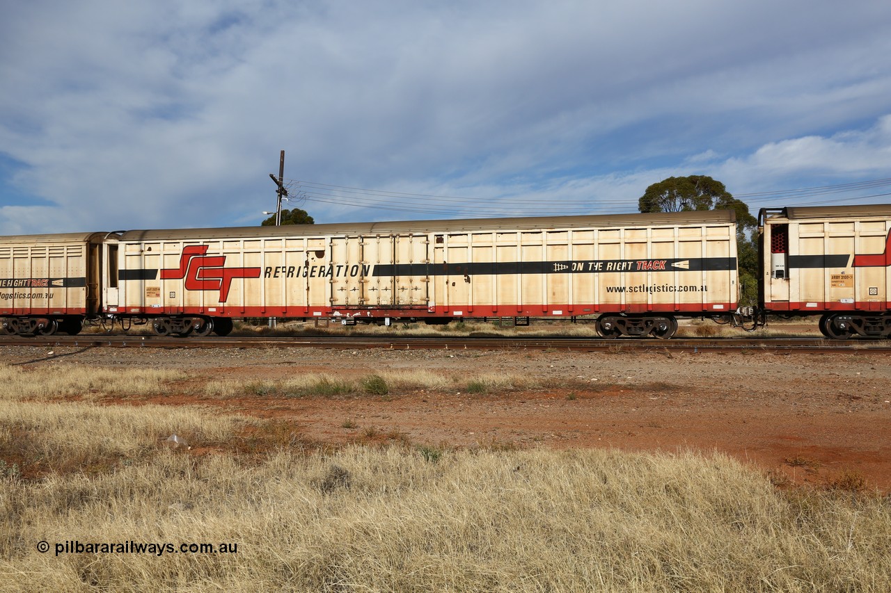 160523 2917
Parkeston, SCT train 7GP1 which operates from Parkes NSW (Goobang Junction) to Perth, ARBY type ARBY 2837 refrigerated box van converted by Gemco WA from former ANR Carmor Engineering SA 1976 built VFX type covered van which were recoded to ABFX/Y in later years.
Keywords: ARBY-type;ARBY2837;Carmor-Engineering-SA;VFX-type;ABFY-type;Gemco-WA;