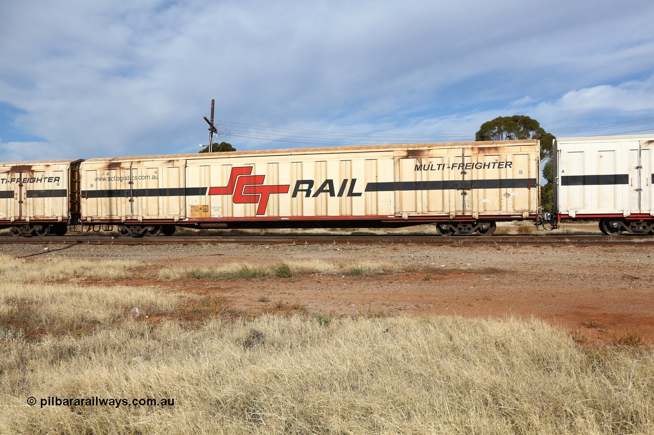 160523 2920
Parkeston, SCT train 7GP1 which operates from Parkes NSW (Goobang Junction) to Perth, PBGY type covered van PBGY 0108 Multi-Freighter with Independent Brake signage, one of eighty units built by Gemco WA.
Keywords: PBGY-type;PBGY0108;Gemco-WA;