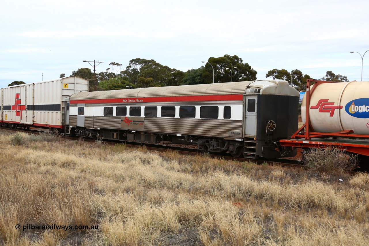160524 3649
Kalgoorlie, SCT train 2PM9 operating from Perth to Melbourne, SCT crew accommodation coach PDAY 002 'Peter Terence Mason' converted from former Bluebird 250 class power car #260 'Corella' originally built by SAR Islington Workshops in 1959 and seated 56 second class passengers, converted to crew car in 2005.
Keywords: PDAY-type;PDAY002;SAR-Islington-WS;Bluebird;250-type;