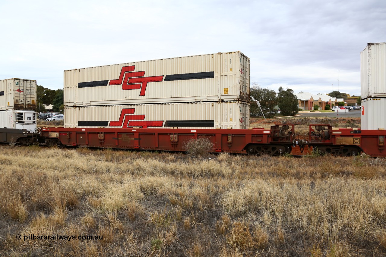 160524 3665
Kalgoorlie, SCT train 2PM9 operating from Perth to Melbourne, PWWY type PWWY 0039 one of forty well waggons built by Bradken NSW for SCT, loaded with a pair of 48' MFG1 type SCT boxes SCTDS 4816 and SCTDS 4842.
Keywords: PWWY-type;PWWY0039;Bradken-NSW;