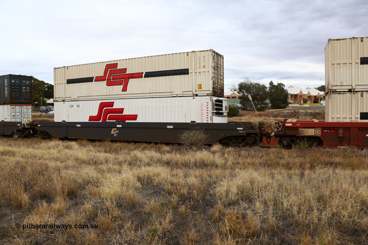 160524 3666
Kalgoorlie, SCT train 2PM9 operating from Perth to Melbourne, CQWY type CQWY 5007-1 with an SCT 48' reefer SCTR 318 and SCT 48' MFG1 type box SCTDS 4851. The CQWY was built by Bluebird Rail Operations in South Australia in 2008 as a batch of sixty pairs.
Keywords: CQWY-type;CQWY5007;CFCLA;Bluebird-Rail-Operations-SA;