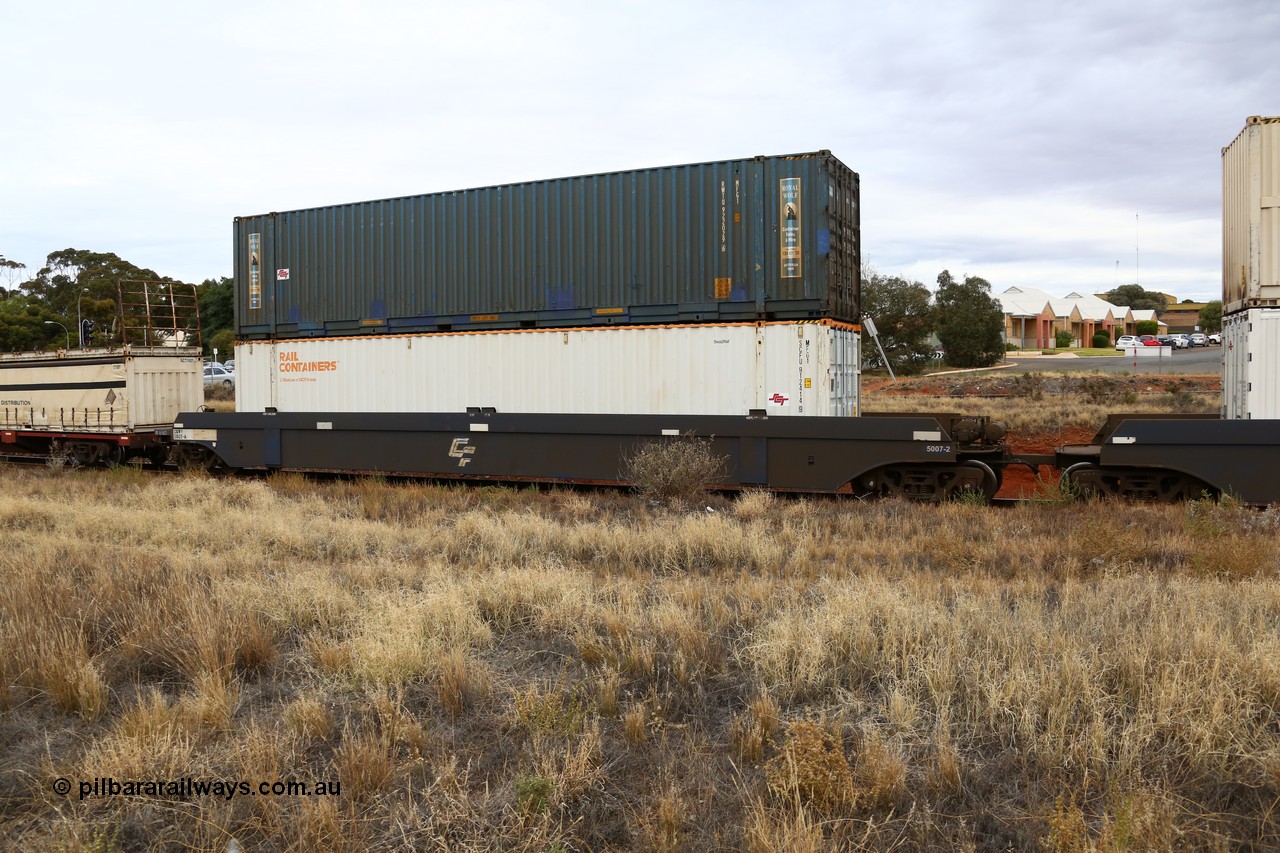 160524 3667
Kalgoorlie, SCT train 2PM9 operating from Perth to Melbourne, CQWY type CQWY 5007-2 with a pair of 48' MFG1 type boxes, Rail Containers SCFU 912414 and Royal Wolf RWTU 922029 both with SCT decals attached. The CQWY was built by Bluebird Rail Operations in South Australia in 2008 as a batch of sixty pairs.
Keywords: CQWY-type;CQWY5007;CFCLA;Bluebird-Rail-Operations-SA;