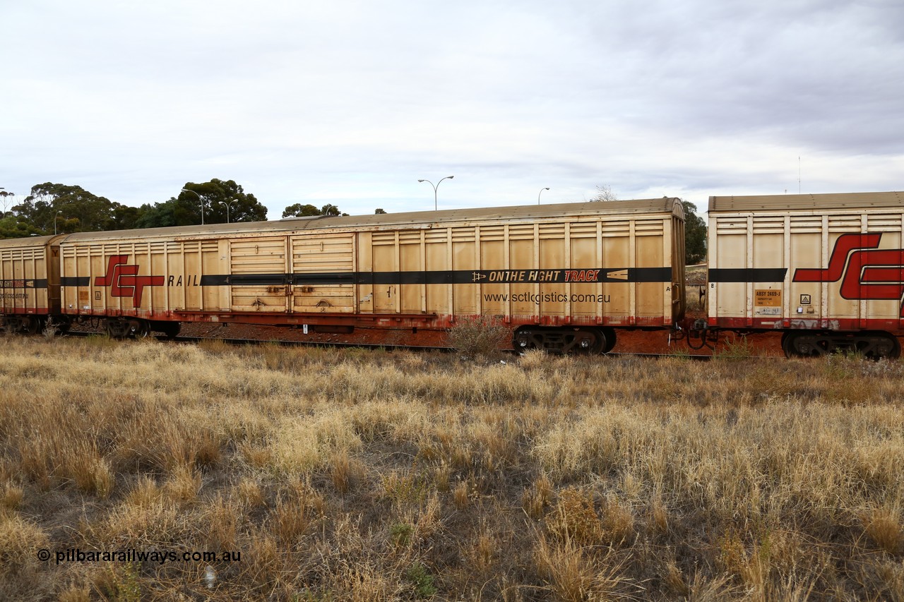 160524 3679
Kalgoorlie, SCT train 2PM9 operating from Perth to Melbourne, ABSY type ABSY 2485 covered van, originally built by Mechanical Handling Ltd SA in 1972 for Commonwealth Railways as VFX type recoded to ABFX and then RBFX to SCT as ABFY before being converted by Gemco WA to ABSY type in 2004/05.
Keywords: ABSY-type;ABSY2485;Mechanical-Handling-Ltd-SA;VFX-type;ABFY-type;
