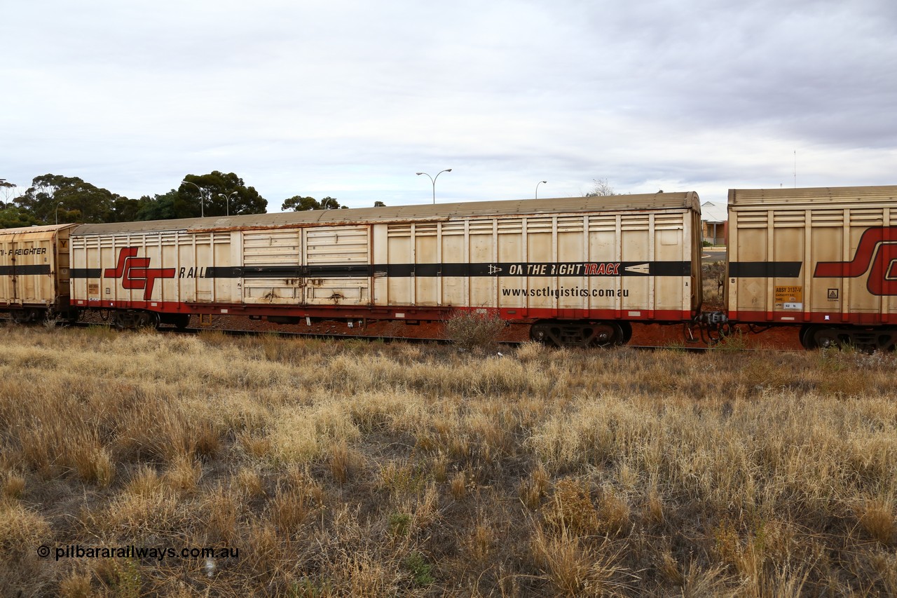 160524 3681
Kalgoorlie, SCT train 2PM9 operating from Perth to Melbourne, ABSY type ABSY 2826 covered van, originally built by Carmor Engineering SA in 1976 as a VFX type covered van for Commonwealth Railways, recoded to ABFX and converted from ABFY by Gemco WA in 2004/05 to ABSY.
Keywords: ABSY-type;ABSY2826;Carmor-Engineering-SA;VFX-type;ABFY-type;