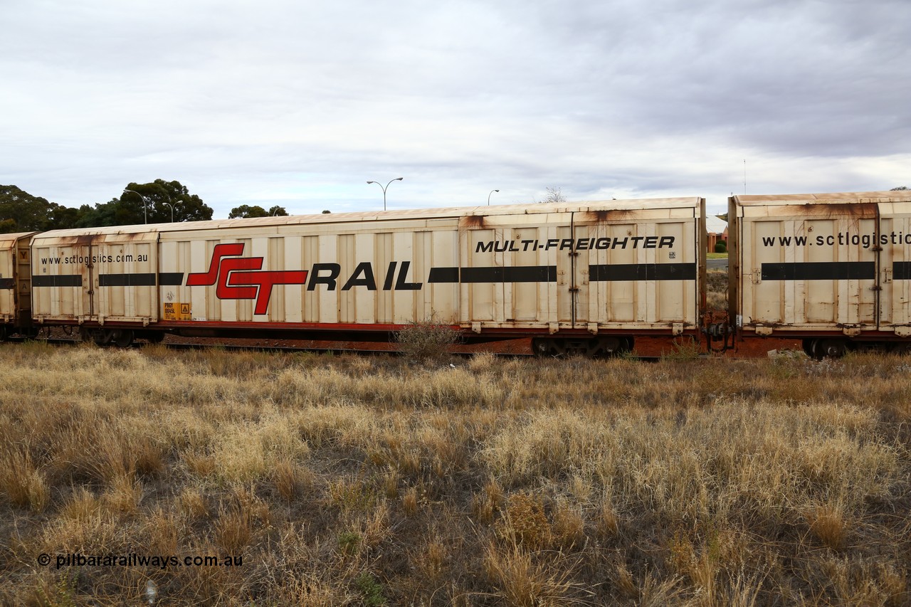 160524 3684
Kalgoorlie, SCT train 2PM9 operating from Perth to Melbourne, PBGY type covered van PBGY 0045 Multi-Freighter, one of eighty two waggons built by Queensland Rail Redbank Workshops in 2005.
Keywords: PBGY-type;PBGY0045;Qld-Rail-Redbank-WS;