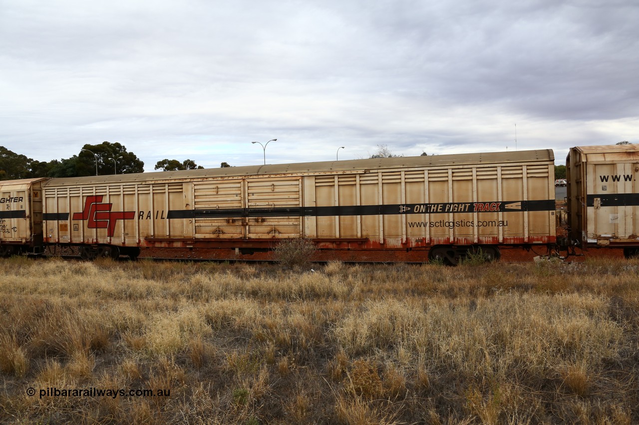 160524 3688
Kalgoorlie, SCT train 2PM9 operating from Perth to Melbourne, ABSY type ABSY 2466 covered van, originally built by Mechanical Handling Ltd SA in 1971 for Commonwealth Railways as VFX type recoded to ABFX and then RBFX to SCT as ABFY before being converted by Gemco WA to ABSY type in 2004/05.
Keywords: ABSY-type;ABSY2466;Mechanical-Handling-Ltd-SA;VFX-type;ABFY-type;