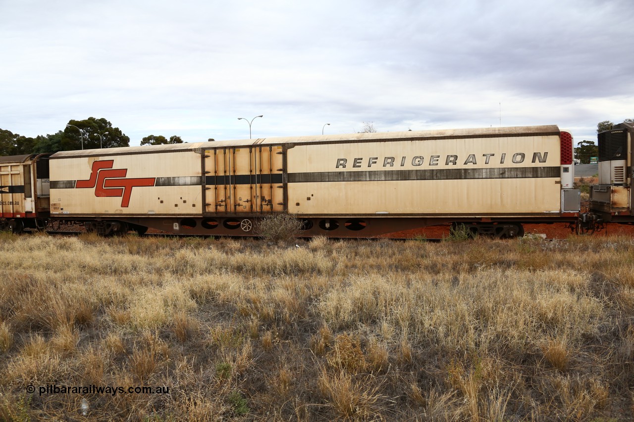 160524 3695
Kalgoorlie, SCT train 2PM9 operating from Perth to Melbourne, ARFY type ARFY 2189 refrigerated van with New Zealand built Fairfax body mounted on an original Commonwealth Railways ROX container waggon built by Comeng Quds in 1970, recoded to AFQX, then AQOX and RQOY before being fitted with the refrigerated body for SCT service circa 1998. 
Keywords: ARFY-type;ARFY2189;Fairfax-NZL;Comeng-Qld;ROX-type;AQOX-type;