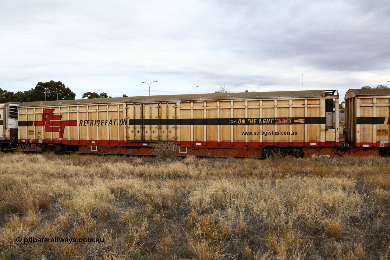 160524 3697
Kalgoorlie, SCT train 2PM9 operating from Perth to Melbourne, ARBY type ARBY 4464 refrigerated van, originally built by Comeng WA in 1977 as a VFX type covered van for Commonwealth Railways, recoded to ABFX and converted from ABFY by Gemco WA in 2004/05 to ARBY.
Keywords: ARBY-type;ARBY4464;Comeng-WA;VFX-type;ABFY-type;