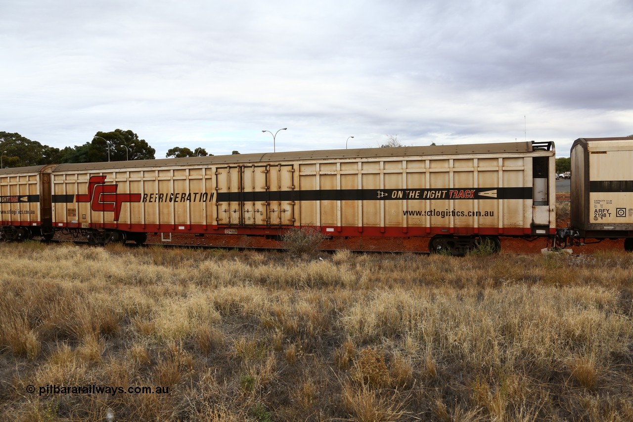 160524 3699
Kalgoorlie, SCT train 2PM9 operating from Perth to Melbourne, ARBY type ARBY 3094 refrigerated van, originally built by Comeng WA in 1977 as a VFX type covered van for Commonwealth Railways, recoded to ABFX, RBFX and finally converted from ABFY by Gemco WA in 2004/05 to ARBY.
Keywords: ARBY-type;ARBY3094;Comeng-WA;VFX-type;