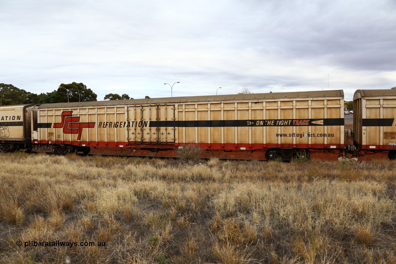 160524 3700
Kalgoorlie, SCT train 2PM9 operating from Perth to Melbourne, ARBY type ARBY 2833 refrigerated van, originally built by Carmor Engineering SA in 1976 as a VFX type covered van for Commonwealth Railways, recoded to ABFX, ABFY, RBFX and finally converted from ABFY by Gemco WA in 2004/05 to ARBY.
Keywords: ARBY-type;ARBY2833;Carmor-Engineering-SA;VFX-type;ABFY-type;