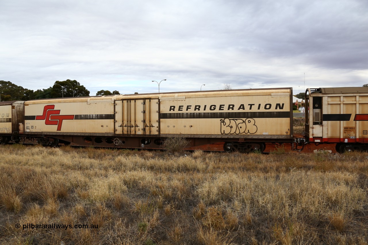 160524 3701
Kalgoorlie, SCT train 2PM9 operating from Perth to Melbourne, ARFY type ARFY 2389 refrigerated van with a Ballarat built Maxi-CUBE body mounted on an original Commonwealth Railways ROX container waggon built by Perry Engineering SA in 1971, recoded to AQOX, AQOY and RQOY before having the Maxi-CUBE refrigerated body added circa 1998 for SCT service.
Keywords: ARFY-type;ARFY2389;Maxi-Cube;Perry-Engineering-SA;ROX-type;AQOX-type;