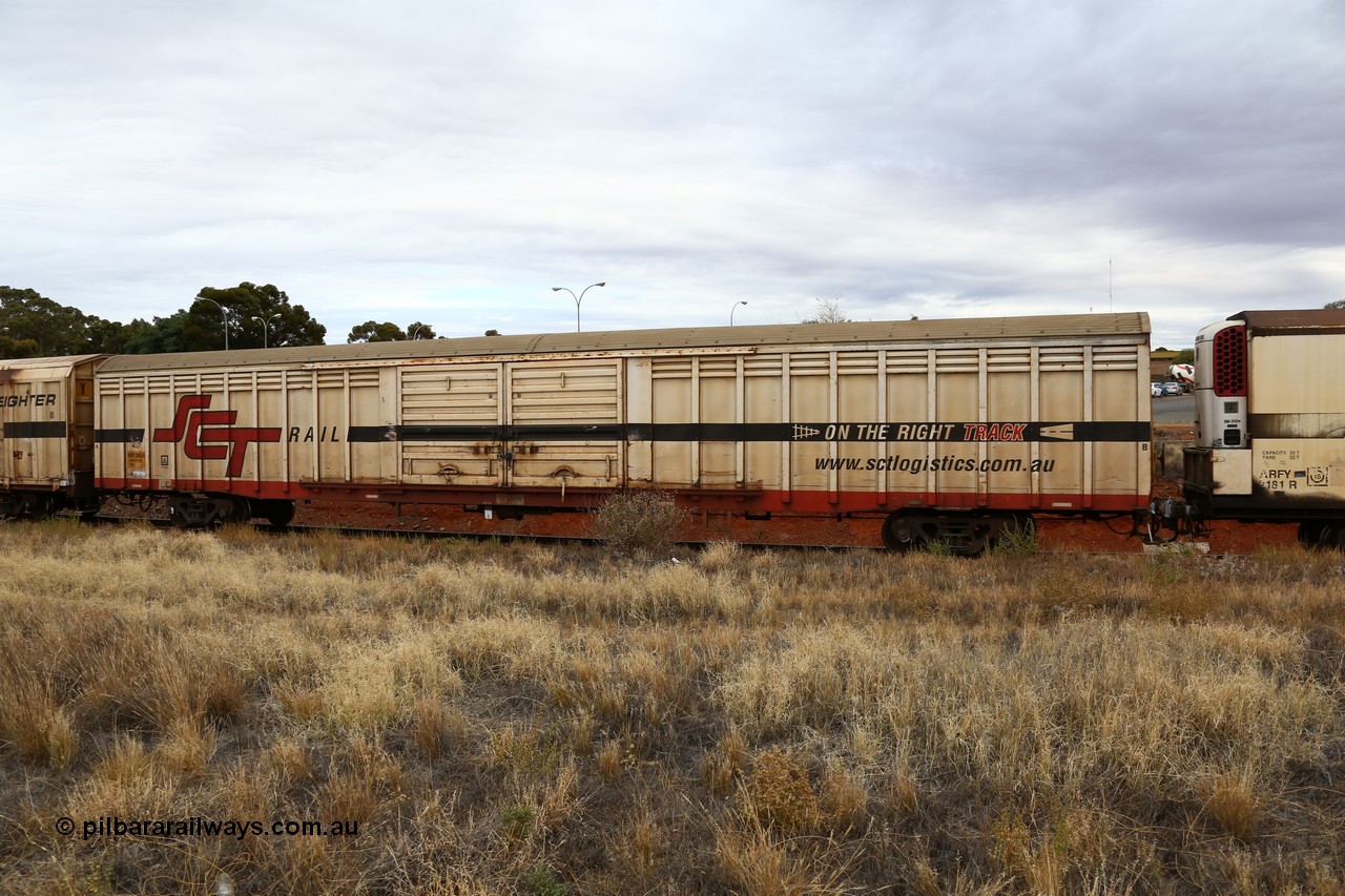 160524 3703
Kalgoorlie, SCT train 2PM9 operating from Perth to Melbourne, ABSY type ABSY 2662 covered van, originally built by Comeng NSW in 1973 for Commonwealth Railways as VFX type, recoded to ABFX and RBFX to SCT as ABFY before conversion by Gemco WA to ABSY in 2004/05.
Keywords: ABSY-type;ABSY2662;Comeng-NSW;VFX-type;