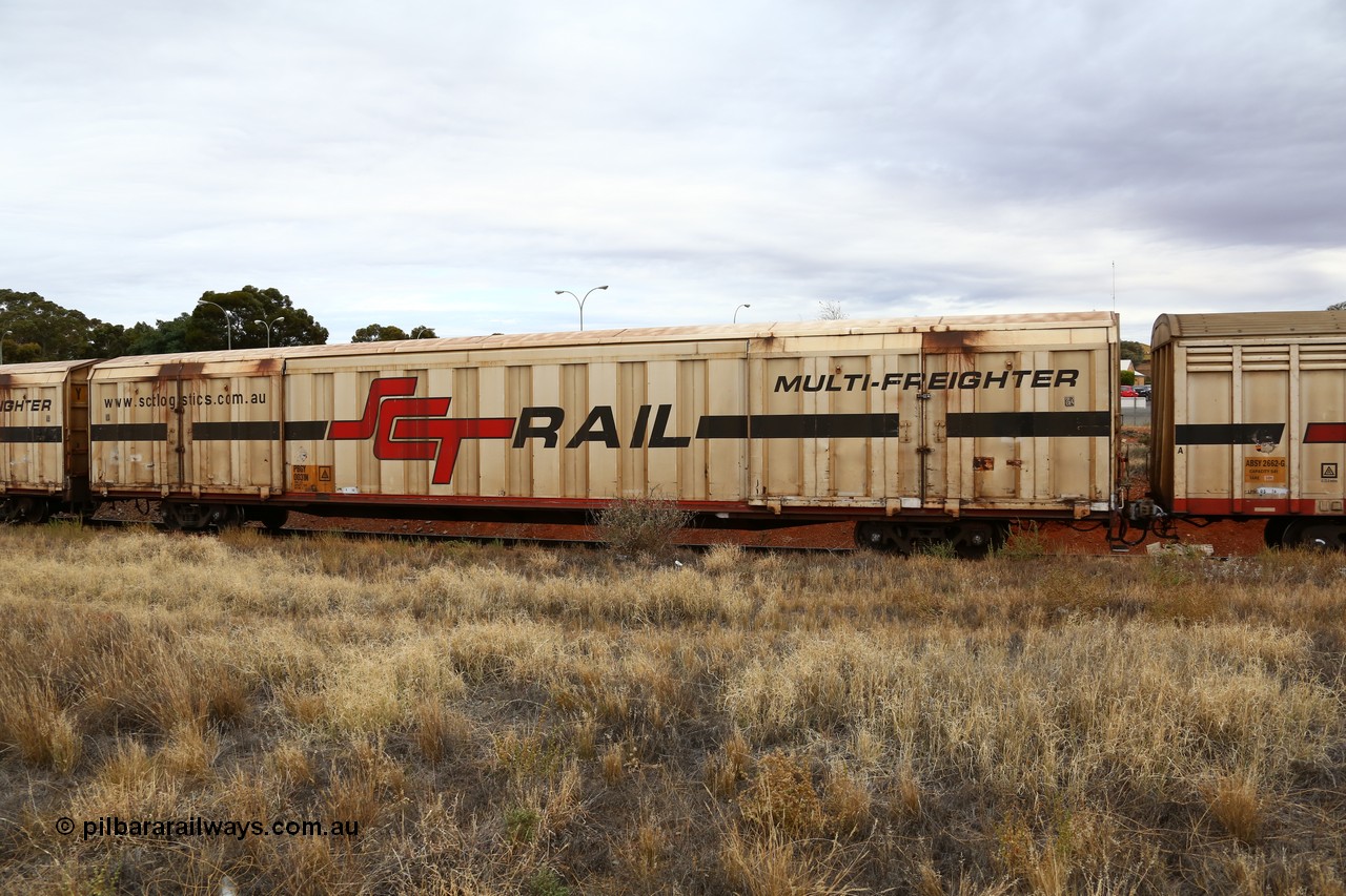 160524 3704
Kalgoorlie, SCT train 2PM9 operating from Perth to Melbourne, PBGY type covered van PBGY 0031 Multi-Freighter, one of eighty two waggons built by Queensland Rail Redbank Workshops in 2005.
Keywords: PBGY-type;PBGY0031;Qld-Rail-Redbank-WS;
