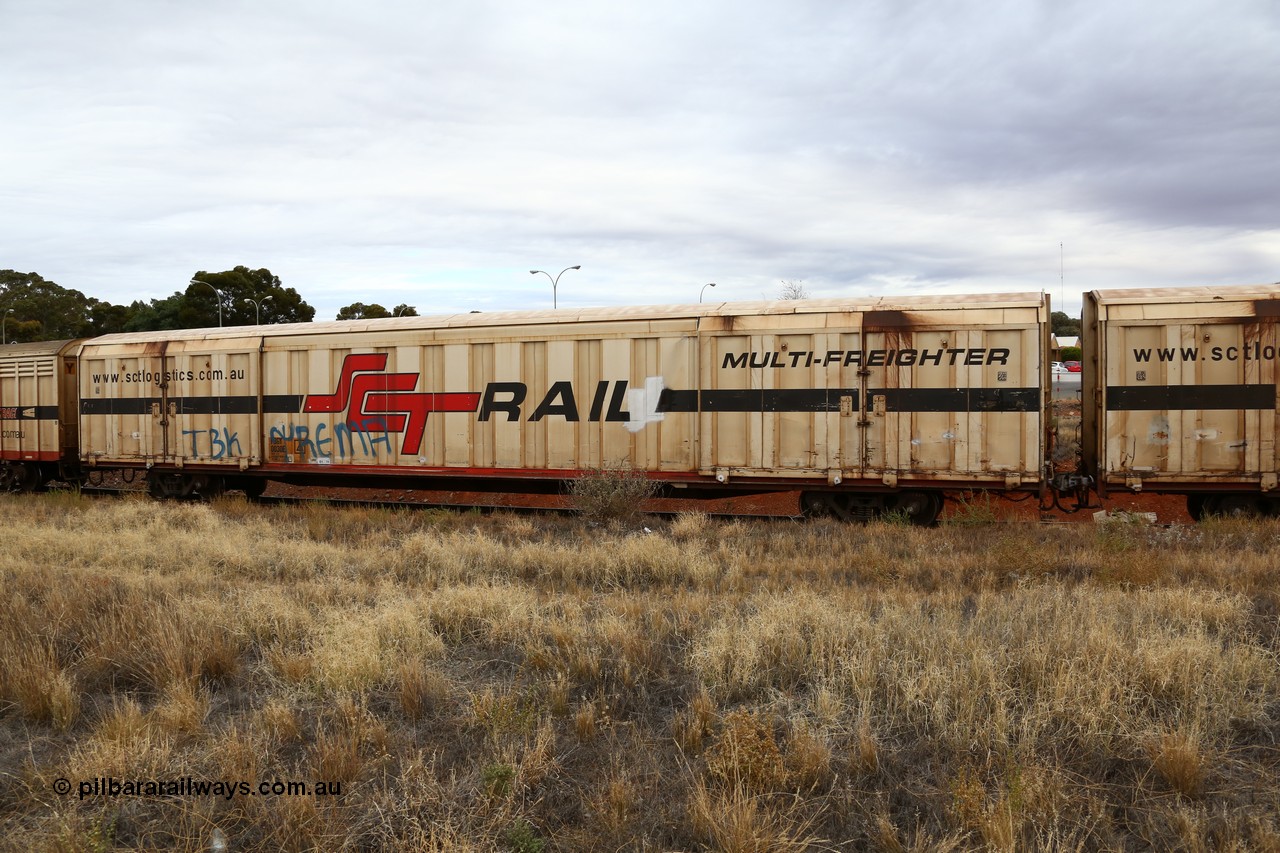 160524 3705
Kalgoorlie, SCT train 2PM9 operating from Perth to Melbourne, PBGY type covered van PBGY 0030 Multi-Freighter, one of eighty two waggons built by Queensland Rail Redbank Workshops in 2005.
Keywords: PBGY-type;PBGY0030;Qld-Rail-Redbank-WS;
