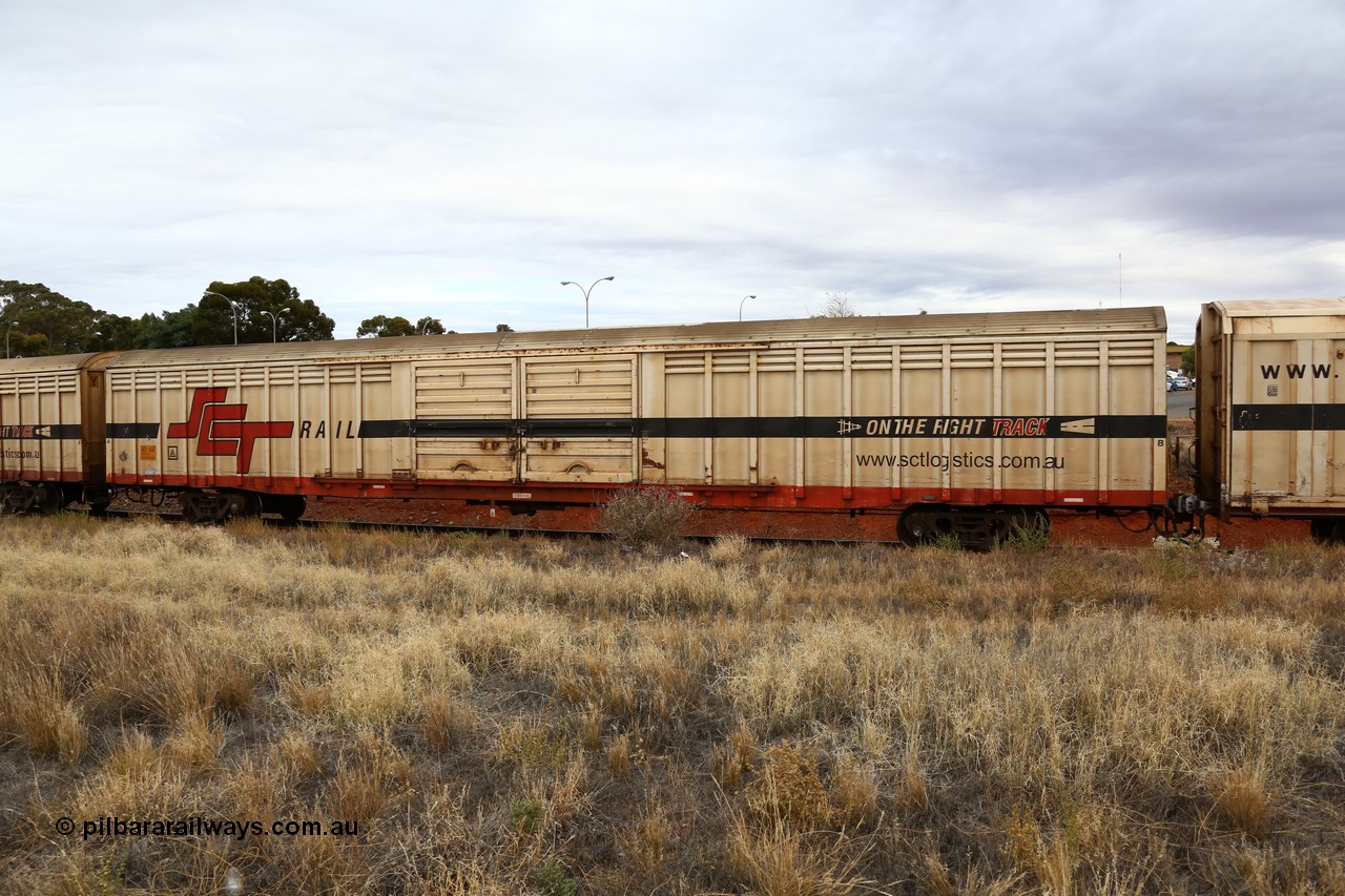 160524 3706
Kalgoorlie, SCT train 2PM9 operating from Perth to Melbourne, ABSY type ABSY 4414 covered van, originally built by Comeng WA in 1977 for Commonwealth Railways as VFX type, recoded to ABFX and RBFX to SCT as ABFY before conversion by Gemco WA to ABSY in 2004/05.
Keywords: ABSY-type;ABSY4414;Comeng-WA;VFX-type;ABFX-type;ABFY-type;