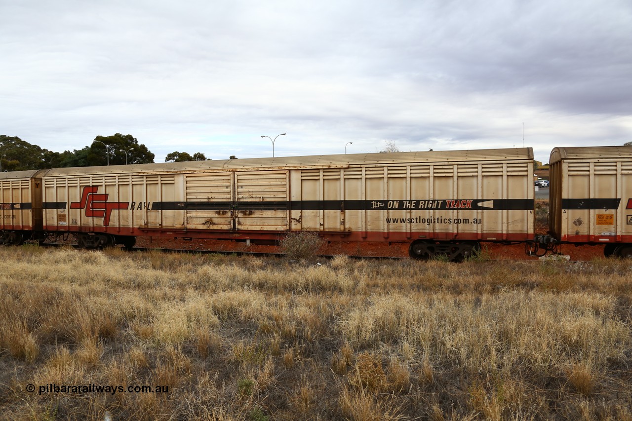 160524 3707
Kalgoorlie, SCT train 2PM9 operating from Perth to Melbourne, ABSY type ABSY 2455 covered van, originally built by Mechanical Handling Ltd SA in 1971 for Commonwealth Railways as VFX type recoded to ABFX and then RBFX to SCT as ABFY before being converted by Gemco WA to ABSY type in 2004/05.
Keywords: ABSY-type;ABSY2455;Mechanical-Handling-Ltd-SA;VFX-type;ABFX-type;RBFY-type;ABFY-type;