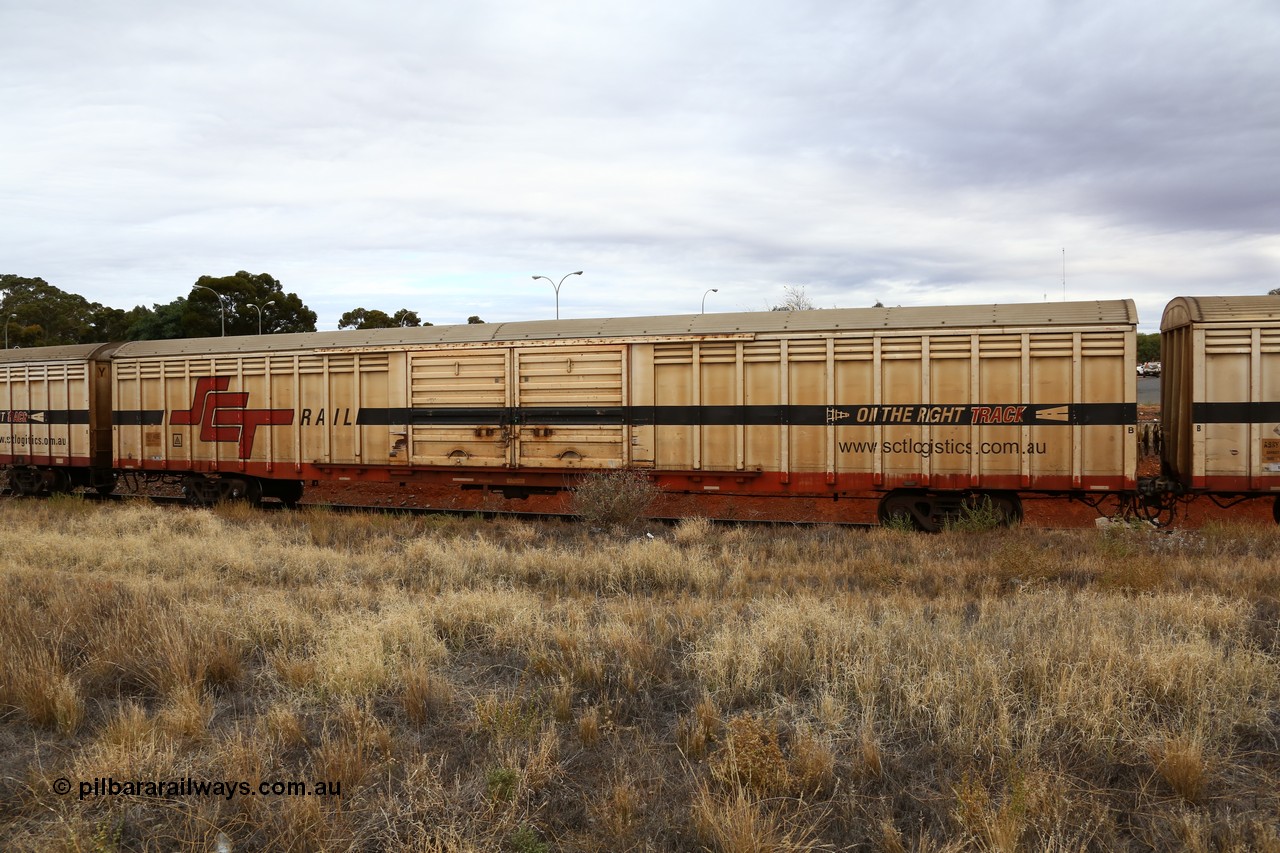 160524 3708
Kalgoorlie, SCT train 2PM9 operating from Perth to Melbourne, ABSY type ABSY 4458 covered van, originally built by Comeng WA in 1977 for Commonwealth Railways as VFX type, recoded to ABFX and RBFX to SCT as ABFY before conversion by Gemco WA to ABSY in 2004/05.
Keywords: ABSY-type;ABSY4458;Comeng-WA;VFX-type;ABFY-type;