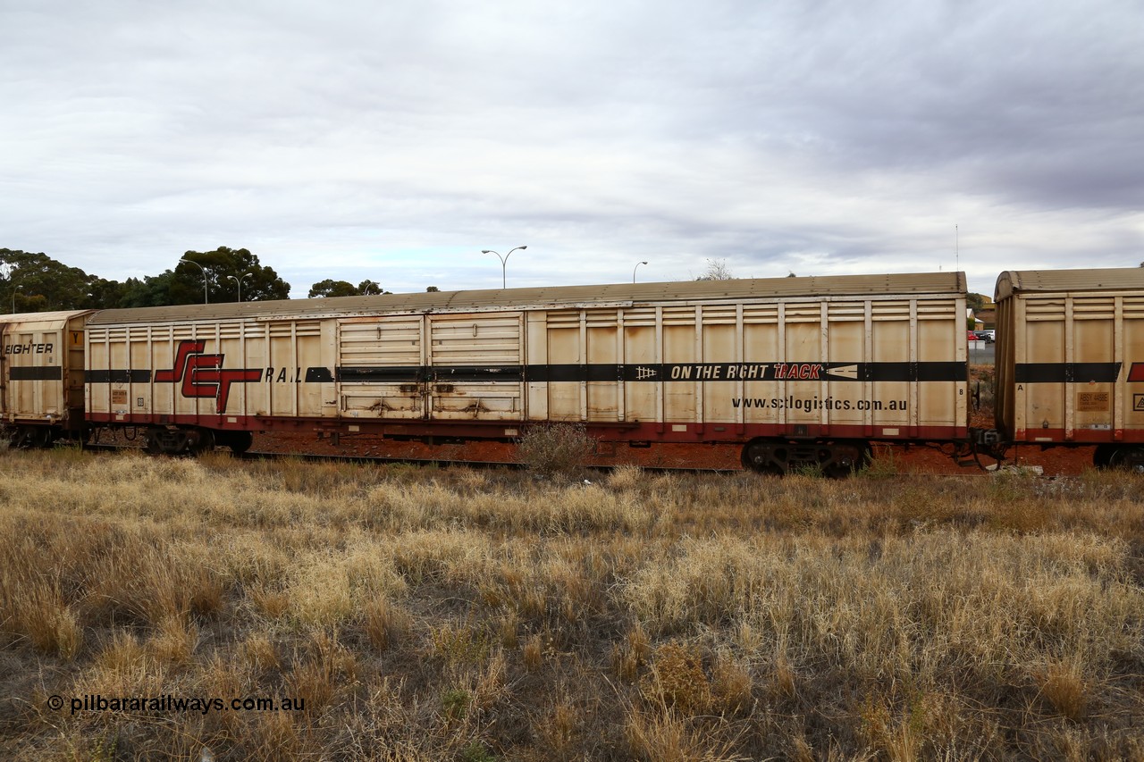 160524 3709
Kalgoorlie, SCT train 2PM9 operating from Perth to Melbourne, ABSY type ABSY 2479 covered van, originally built by Mechanical Handling Ltd SA in 1972 for Commonwealth Railways as VFX type recoded to ABFX and then RBFX before being converted by Gemco WA to ABSY type in 2004/05.
Keywords: ABSY-type;ABSY2479;Mechanical-Handling-Ltd-SA;VFX-type;ABFY-type;