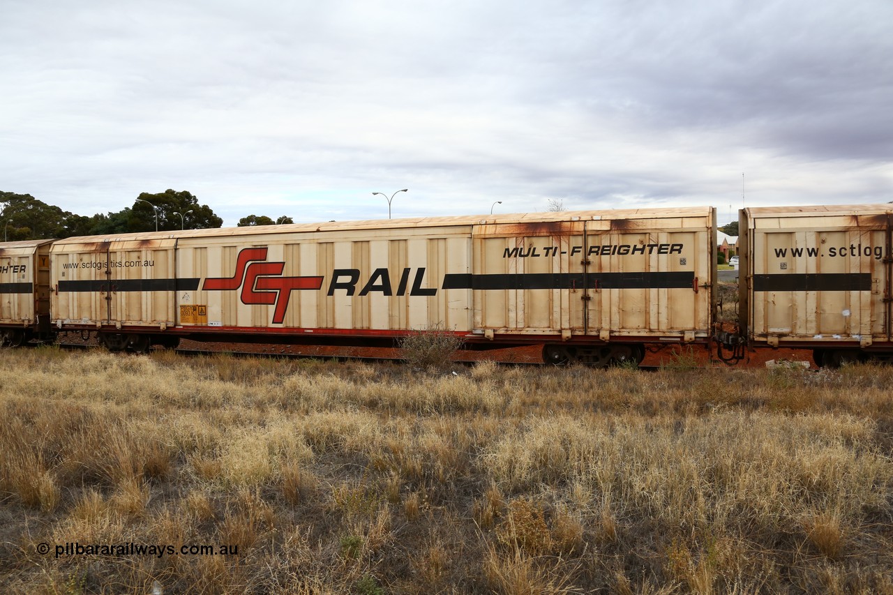 160524 3711
Kalgoorlie, SCT train 2PM9 operating from Perth to Melbourne, PBGY type covered van PBGY 0093 Multi-Freighter, one of eighty units built by Gemco WA.
Keywords: PBGY-type;PBGY0093;Gemco-WA;