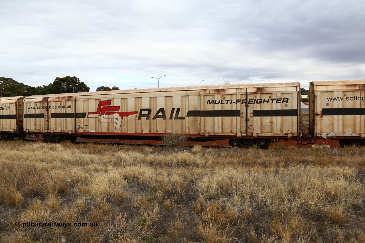 160524 3712
Kalgoorlie, SCT train 2PM9 operating from Perth to Melbourne, PBGY type covered van PBGY 0029 Multi-Freighter, one of eighty two waggons built by Queensland Rail Redbank Workshops in 2005.
Keywords: PBGY-type;PBGY0029;Qld-Rail-Redbank-WS;