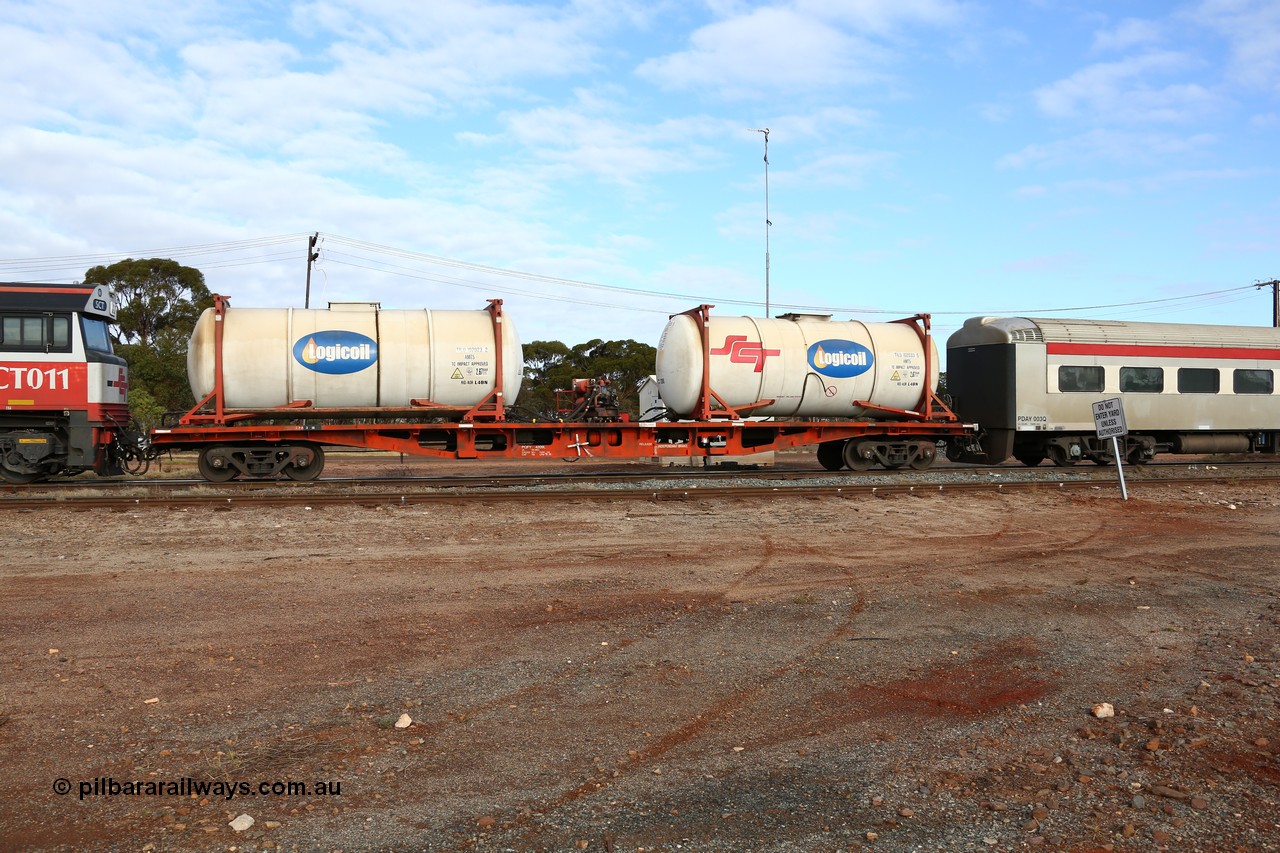 160525 4554
Parkeston, SCT train 3PG1 which operates from Perth to Parkes NSW (Goobang Junction), SCT inline refuelling waggon PQFY type PQFY 4209 originally built by Carmor Engineering SA in 1976 for Commonwealth Railways as RMX type container waggon, with SCT - Logicoil AMT5 type tank-tainers TILU 102023 and TILU 102033.
Keywords: PQFY-type;PQFY4209;Carmor-Engineering-SA;RMX-type;