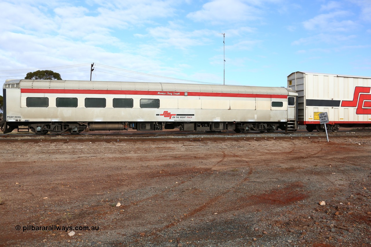 160525 4555
Parkeston, SCT train 3PG1 which operates from Perth to Parkes NSW (Goobang Junction), SCT crew accommodation coach PDAY 003 'Monica Ivey Smith' converted from former Bluebird 250 class power car #258 'Goshawk' originally built by SAR Islington Workshops in 1957 and seated 56 second class passengers, converted to crew car in 2005.
Keywords: PDAY-type;PDAY003;SAR-Islington-WS;Bluebird;250-type;
