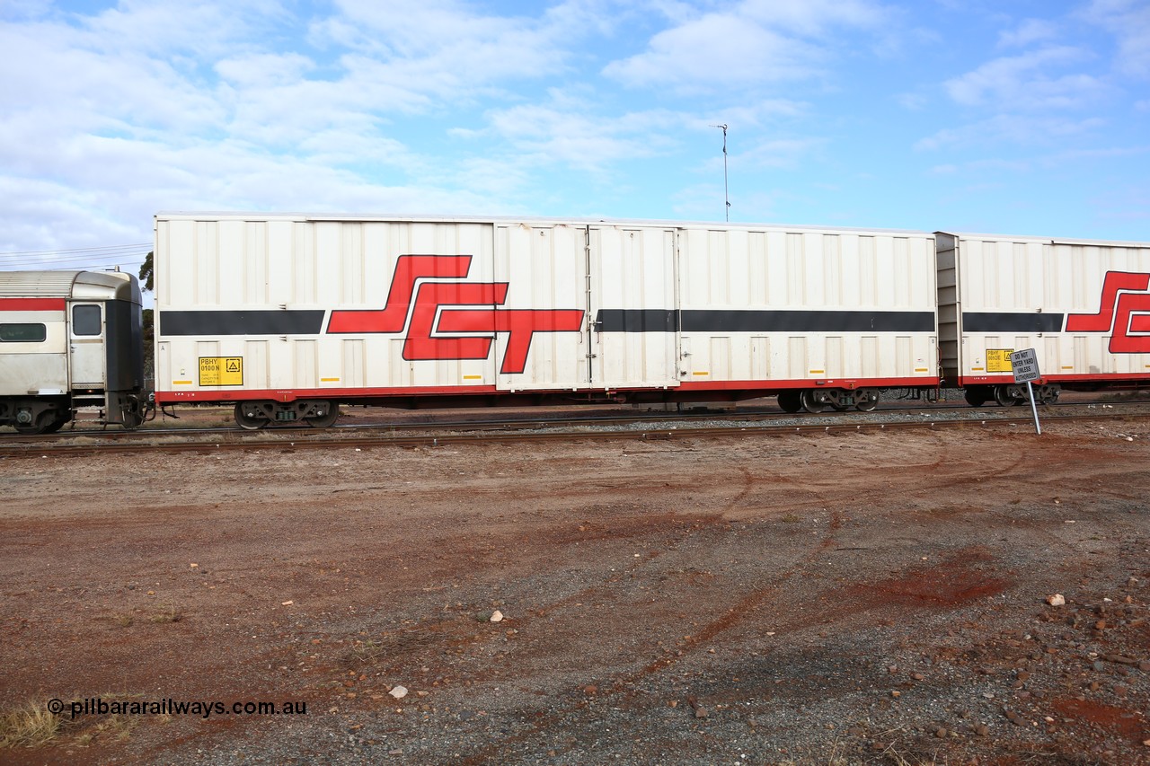 160525 4556
Parkeston, SCT train 3PG1 which operates from Perth to Parkes NSW (Goobang Junction), PBHY type covered van PBHY 0100 Greater Freighter, built by CSR Meishan Rolling Stock Co China in 2014 without the Greater Freighter signage.
Keywords: PBHY-type;PBHY0100;CSR-Meishan-China;