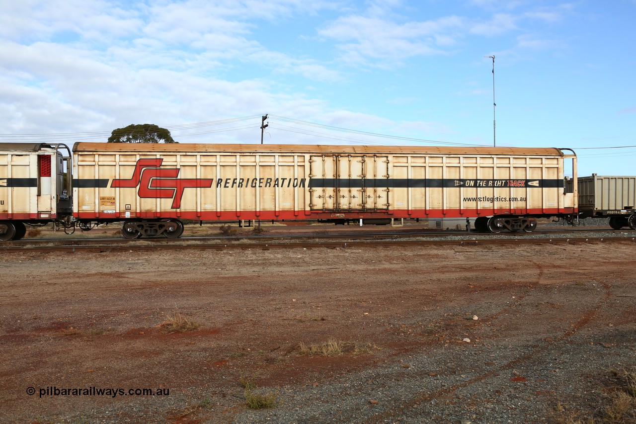 160525 4577
Parkeston, SCT train 3PG1 which operates from Perth to Parkes NSW (Goobang Junction), ARBY type ARBY 4430 refrigerated van, originally built by Comeng WA in 1977 as a VFX type covered van for Commonwealth Railways, recoded to ABFX and converted from ABFY by Gemco WA in 2004/05 to ARBY.
Keywords: ARBY-type;ARBY4430;Comeng-WA;VFX-type;