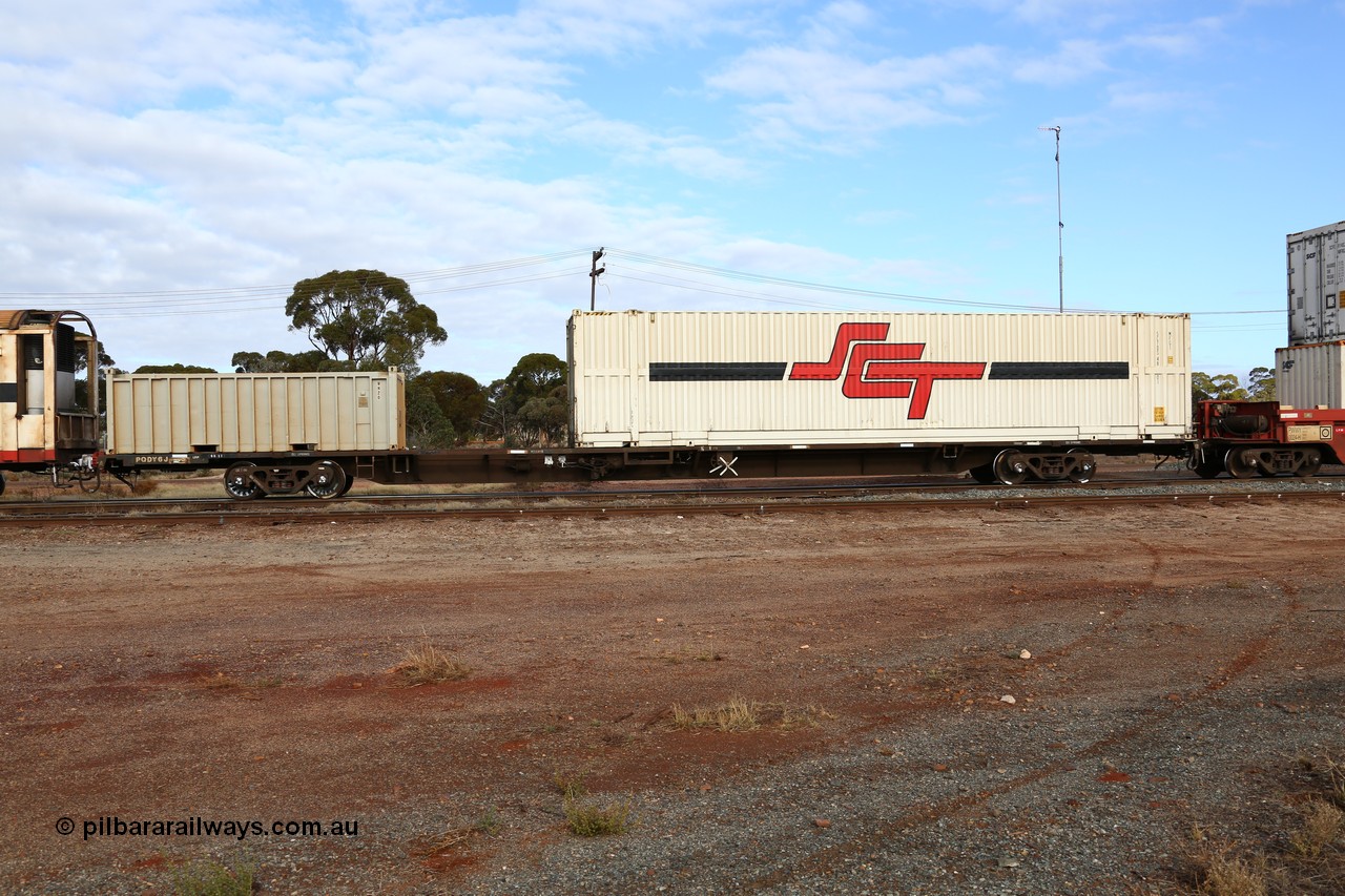 160525 4578
Parkeston, SCT train 3PG1 which operates from Perth to Parkes NSW (Goobang Junction), originally built by Victorian Railways Newport Workshops in August 1975 as one of twenty five FCF type 'Jumbo' Container Flat waggons built, PQDY 6 still in Freight Australia green livery loaded with a half height 20 open top box WH 20 and an SCT 48' MFG1 type container SCTDS 4801.
Keywords: PQDY-type;PQDY6;Victorian-Railways-Newport-WS;FCF-type;FCW-type;VQDW-type;