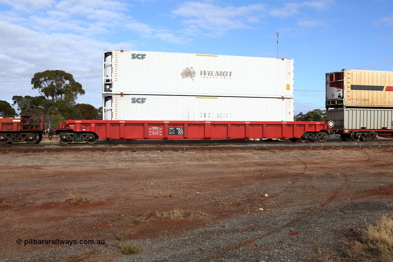 160525 4583
Parkeston, SCT train 3PG1 which operates from Perth to Parkes NSW (Goobang Junction), PWXY type PWXY 0005 one of twelve well waggons built by CSR Meishan Rolling Stock Co of China for SCT in 2008, loaded with two former Wilmot Freeze Haul 48' MFRG type reefer containers, now SCF units SCFU 814058 and SCFU 814042.
Keywords: PWXY-type;PWXY0005;CSR-Meishan-China;