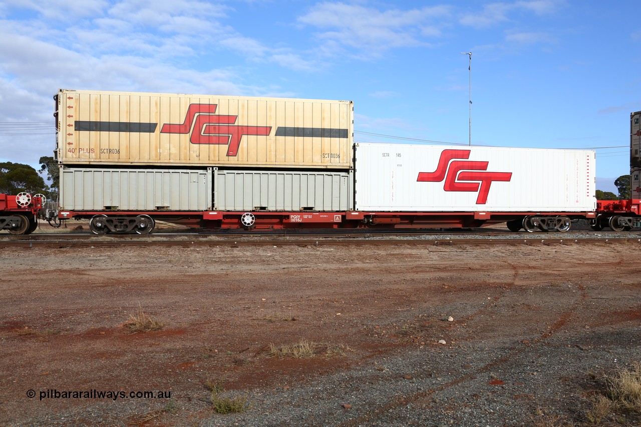 160525 4584
Parkeston, SCT train 3PG1 which operates from Perth to Parkes NSW (Goobang Junction), PQIY type PQIY 0016 one of forty 80' container waggons built by Gemco WA, loaded with two 20' open top half height containers WH 18 and WH 27, and two 40' SCT RFRA type reefers SCTR 036 and SCTR 145.
Keywords: PQIY-type;PQIY0016;Gemco-WA;