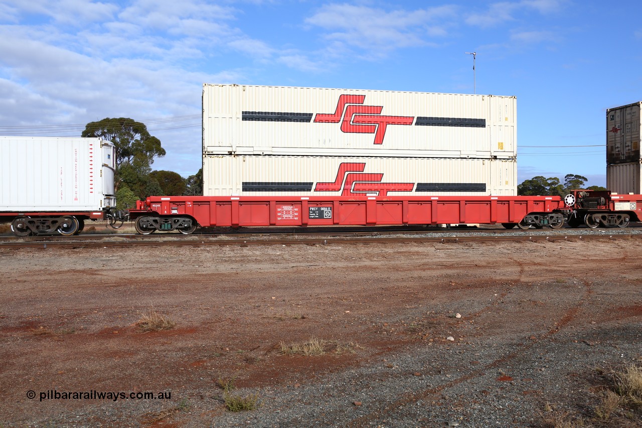 160525 4585
Parkeston, SCT train 3PG1 which operates from Perth to Parkes NSW (Goobang Junction), PWXY type PWXY 0004 one of twelve well waggons built by CSR Meishan Rolling Stock Co of China for SCT in 2008, loaded with two SCT 48' MFG1 type containers SCTDS 4827 and SCTDS 4824.
Keywords: PWXY-type;PWXY0004;CSR-Meishan-China;