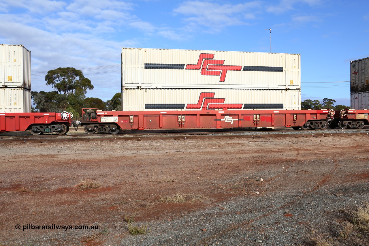 160525 4586
Parkeston, SCT train 3PG1 which operates from Perth to Parkes NSW (Goobang Junction), PWWY type PWWY 0007 one of forty well waggons built by Bradken NSW for SCT, loaded with two SCT 48' MFG1 type containers SCTDS 4818 and SCTDS 4843.
Keywords: PWWY-type;PWWY0007;Bradken-NSW;