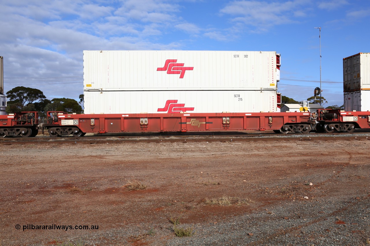 160525 4588
Parkeston, SCT train 3PG1 which operates from Perth to Parkes NSW (Goobang Junction), PWWY type PWWY 0036 one of forty well waggons built by Bradken NSW for SCT, loaded with two 48' SCT reefers SCTR 215 and SCTR 302.
Keywords: PWWY-type;PWWY0036;Bradken-NSW;