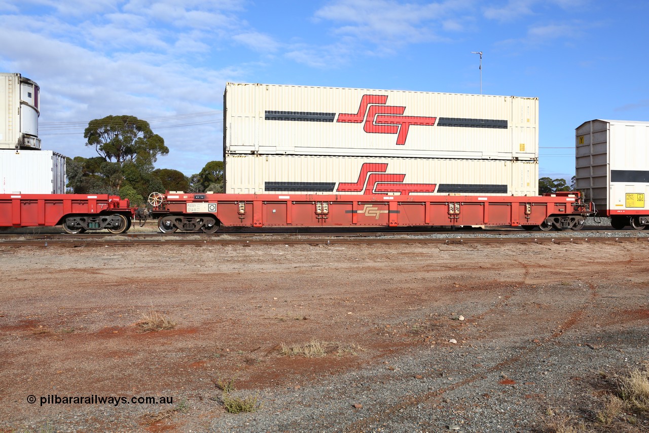 160525 4591
Parkeston, SCT train 3PG1 which operates from Perth to Parkes NSW (Goobang Junction), PWWY type PWWY 0014 one of forty well waggons built by Bradken NSW for SCT, loaded with two SCT 48' MFG1 type containers SCTDS 4850 and SCTDS 4846.
Keywords: PWWY-type;PWWY0014;Bradken-NSW;