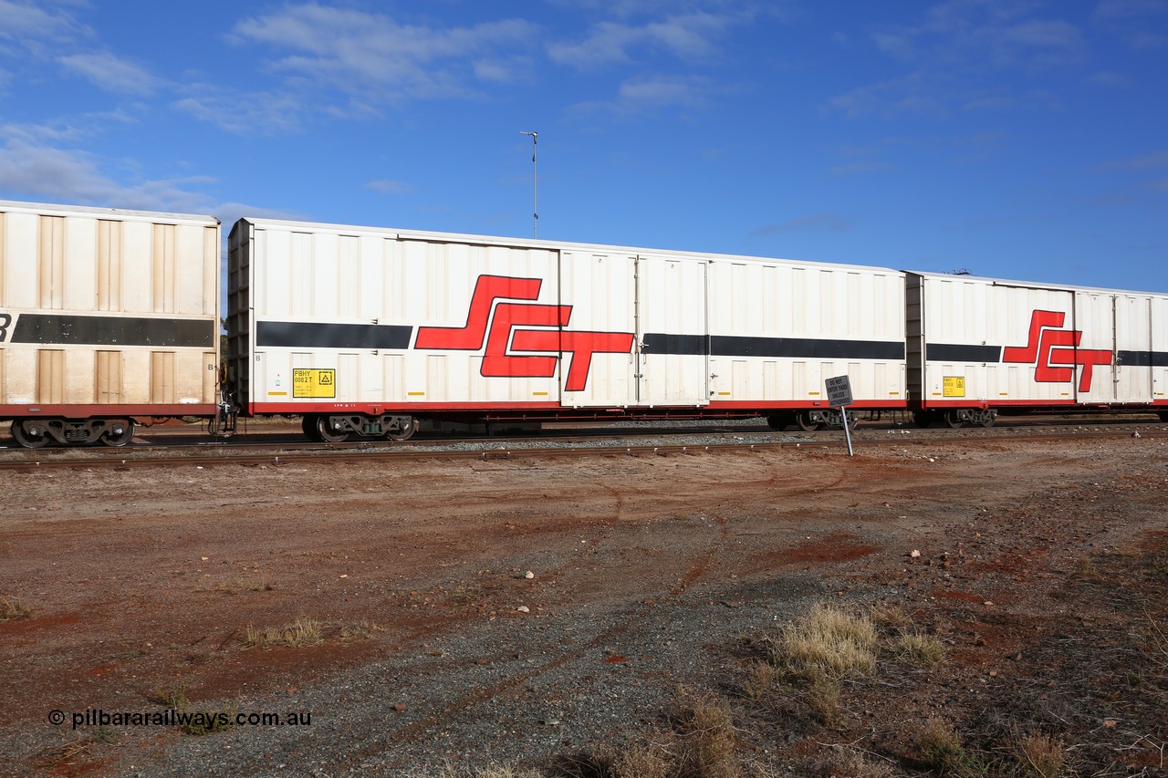 160525 4596
Parkeston, SCT train 3PG1 which operates from Perth to Parkes NSW (Goobang Junction), PBHY type covered van PBHY 0082 Greater Freighter, built by CSR Meishan Rolling Stock Co China in 2014 without the Greater Freighter signage.
Keywords: PBHY-type;PBHY0082;CSR-Meishan-China;