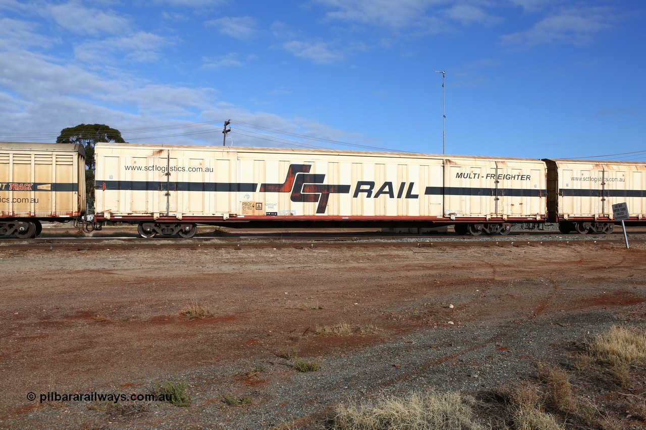 160525 4619
Parkeston, SCT train 3PG1 which operates from Perth to Parkes NSW (Goobang Junction), PBGY type covered van PBGY 0116 Multi-Freighter with Independent Brake signage, one of eighty units built by Gemco WA.
Keywords: PBGY-type;PBGY0116;Gemco-WA;
