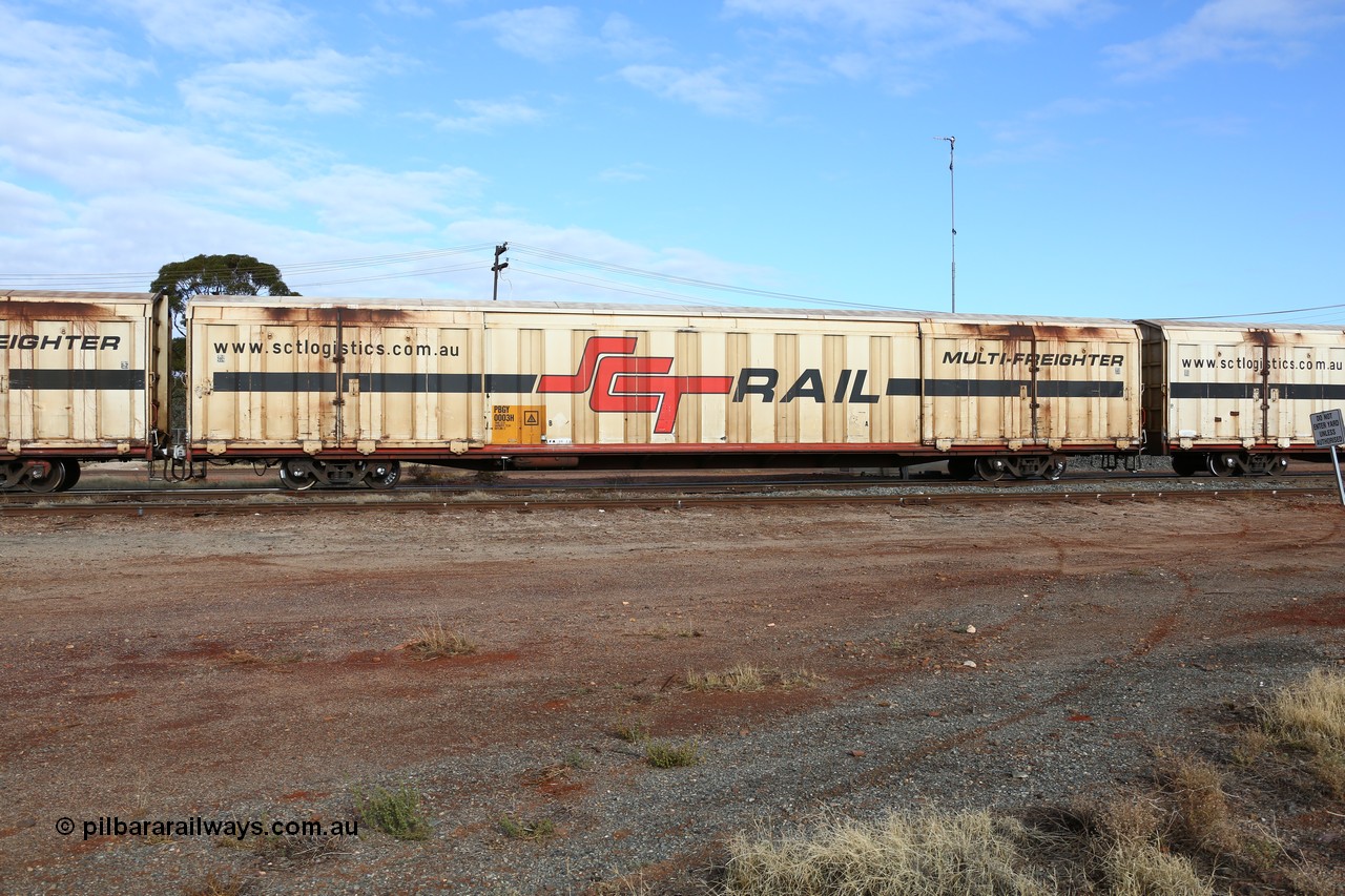 160525 4624
Parkeston, SCT train 3PG1 which operates from Perth to Parkes NSW (Goobang Junction), PBGY type covered van PBGY 0003 Multi-Freighter, one of eighty two waggons built by Queensland Rail Redbank Workshops in 2005.
Keywords: PBGY-type;PBGY0003;Qld-Rail-Redbank-WS;