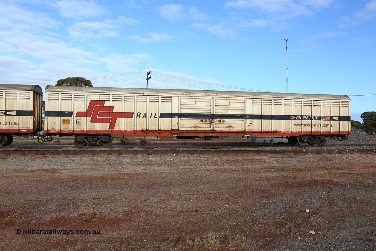 160525 4628
Parkeston, SCT train 3PG1 which operates from Perth to Parkes NSW (Goobang Junction), ABSY type ABSY 3089 covered van, originally built by Comeng WA in 1977 for Commonwealth Railways as VFX type, recoded to ABFX and ABFY before conversion by Gemco WA to ABSY.
Keywords: ABSY-type;ABSY3089;Comeng-WA;VFX-type;ABFY-type;